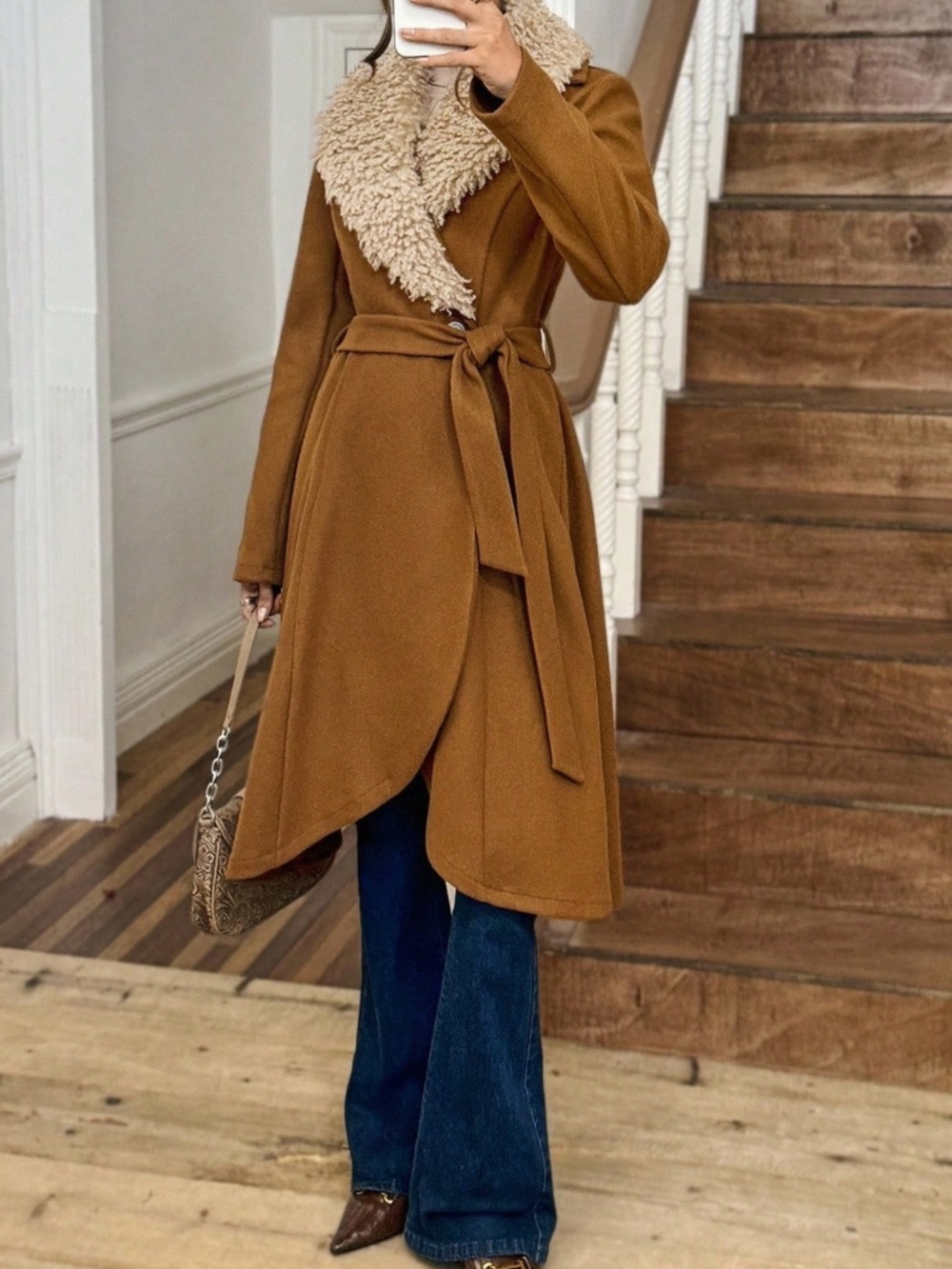 Classic Camel Teddy Wide collar Button Belted Jacket Coat - Picture 2 of 5